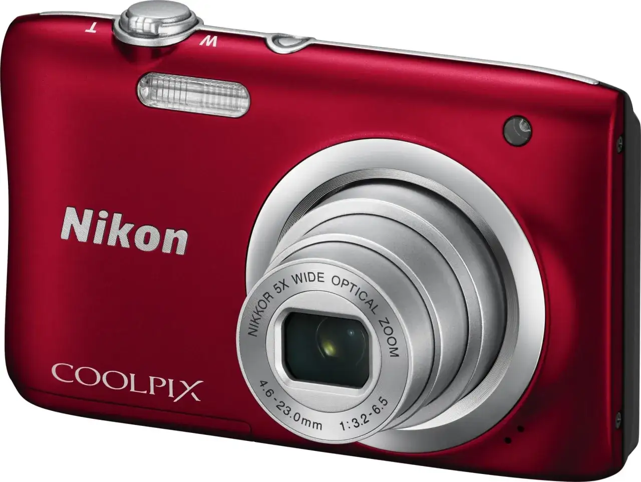 Czerwony aparat Nikon Coolpix z obiektywem NIKKOR 5x wide optical zoom. Zastanawiasz się, ile kosztuje aparat tej klasy?